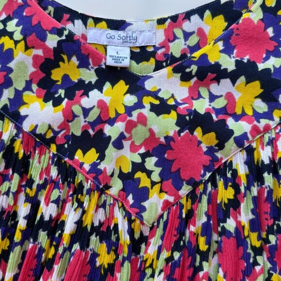 Go Softly Patio Floral Midi Dress w/ Ruffled Hem & Short Sleeves 100% Rayon Sz L - Picture 5 of 6
